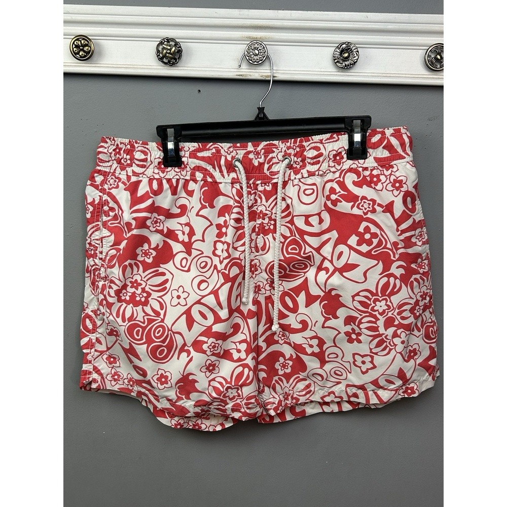 Soobaya Swim Trunks Mens XXL Red White Love Floral Graphic Board Shorts 10454